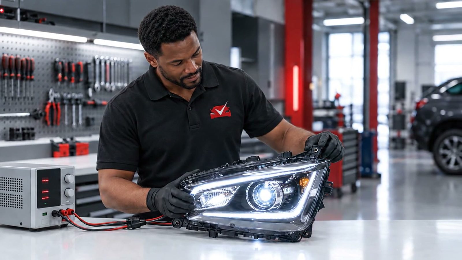 Certified OEM Parts technician bench-testing a reconditioned OEM headlight assembly