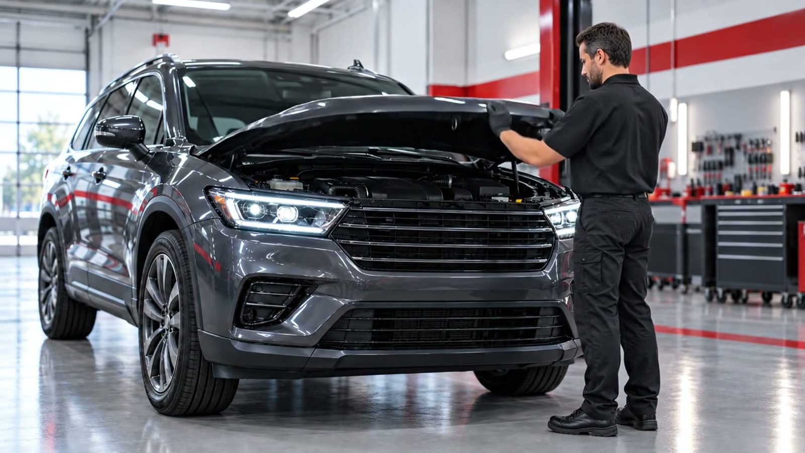Technician installing a certified OEM headlight on an SUV