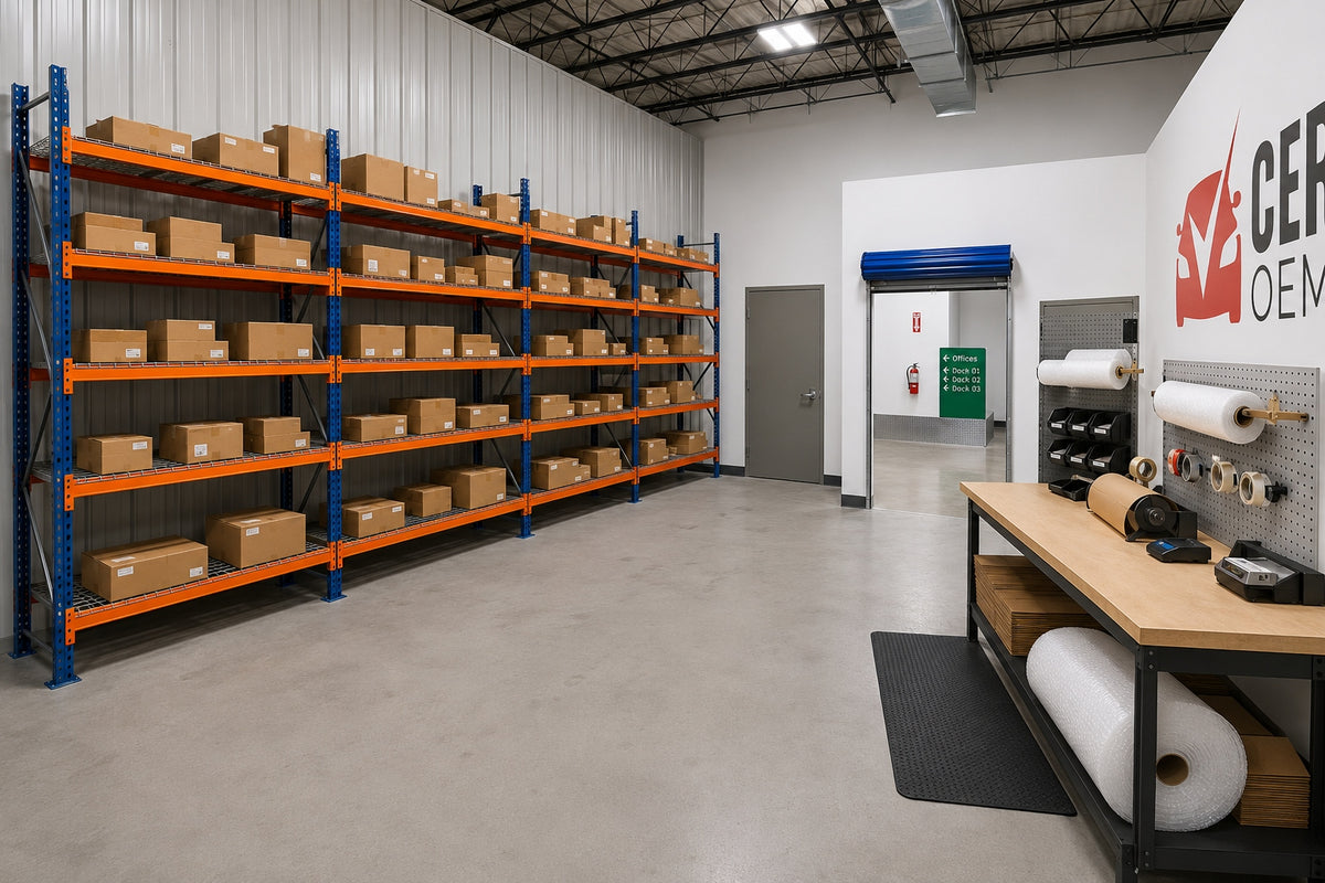 Certified OEM Parts warehouse interior with pallet racking of boxed parts and a packing station